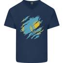 Torn Kazakhstan Flag Kazakh Day Football Mens V-Neck Cotton T-Shirt Navy Blue