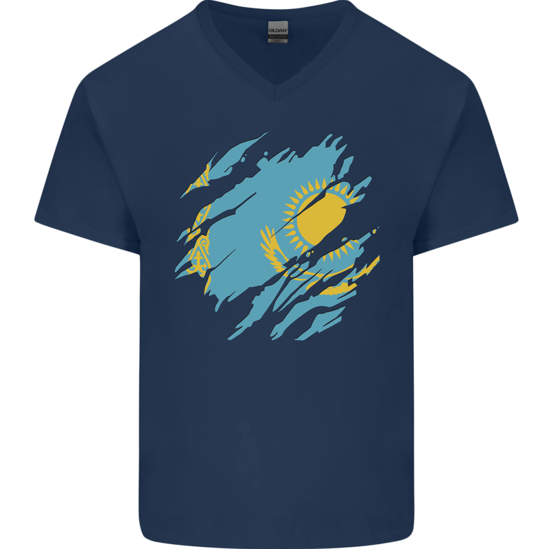 Torn Kazakhstan Flag Kazakh Day Football Mens V-Neck Cotton T-Shirt Navy Blue