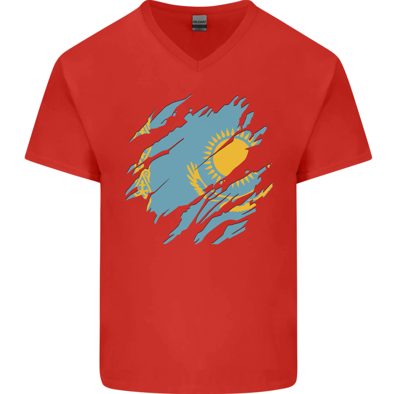 Torn Kazakhstan Flag Kazakh Day Football Mens V-Neck Cotton T-Shirt Red
