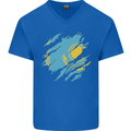 Torn Kazakhstan Flag Kazakh Day Football Mens V-Neck Cotton T-Shirt Royal Blue