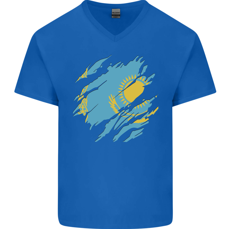 Torn Kazakhstan Flag Kazakh Day Football Mens V-Neck Cotton T-Shirt Royal Blue