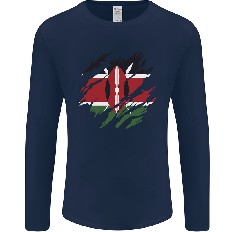 Torn Kenya Flag Kenyan Day Football Mens Long Sleeve T-Shirt Navy Blue