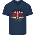 Torn Kenya Flag Kenyan Day Football Mens V-Neck Cotton T-Shirt Navy Blue