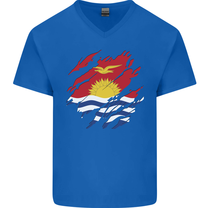 Torn Kiribati Flag Day Football Mens V-Neck Cotton T-Shirt Royal Blue