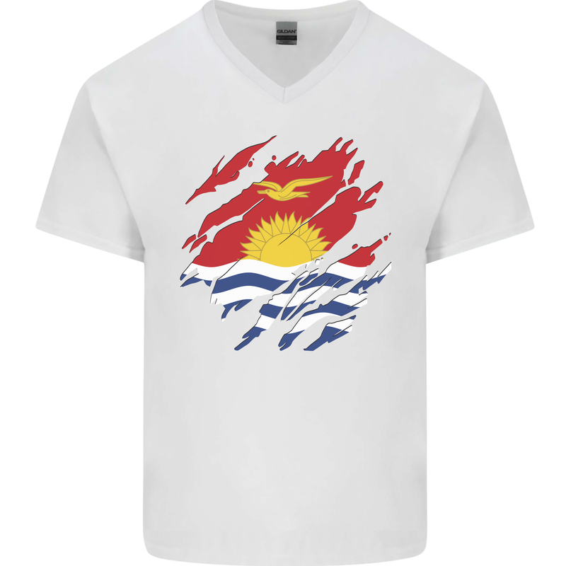 Torn Kiribati Flag Day Football Mens V-Neck Cotton T-Shirt White