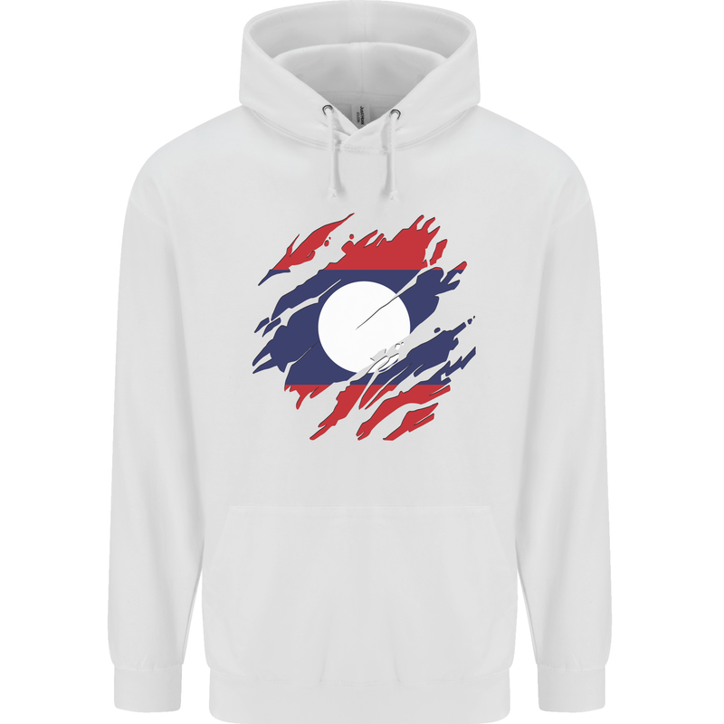 Torn Laos Flag Laotian Day Football Mens 80% Cotton Hoodie White