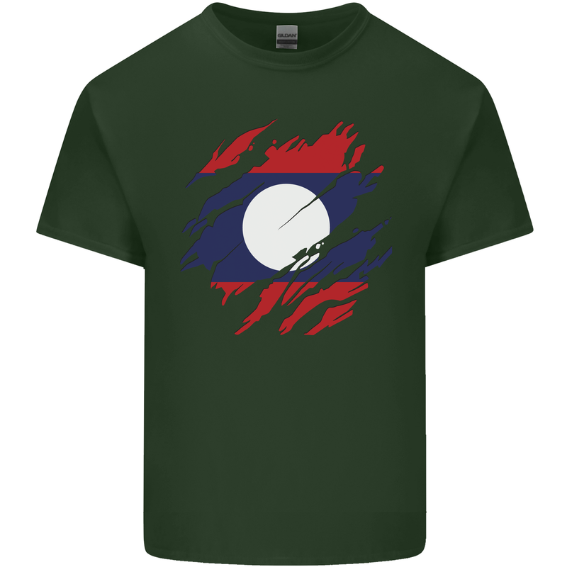 Torn Laos Flag Laotian Day Football Mens Cotton T-Shirt Tee Top Forest Green
