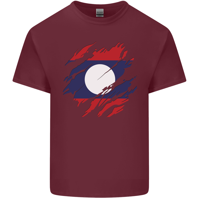 Torn Laos Flag Laotian Day Football Mens Cotton T-Shirt Tee Top Maroon