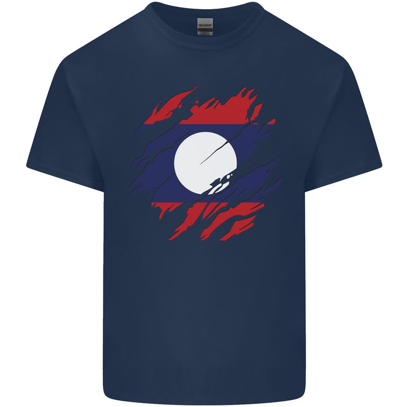 Torn Laos Flag Laotian Day Football Mens Cotton T-Shirt Tee Top Navy Blue