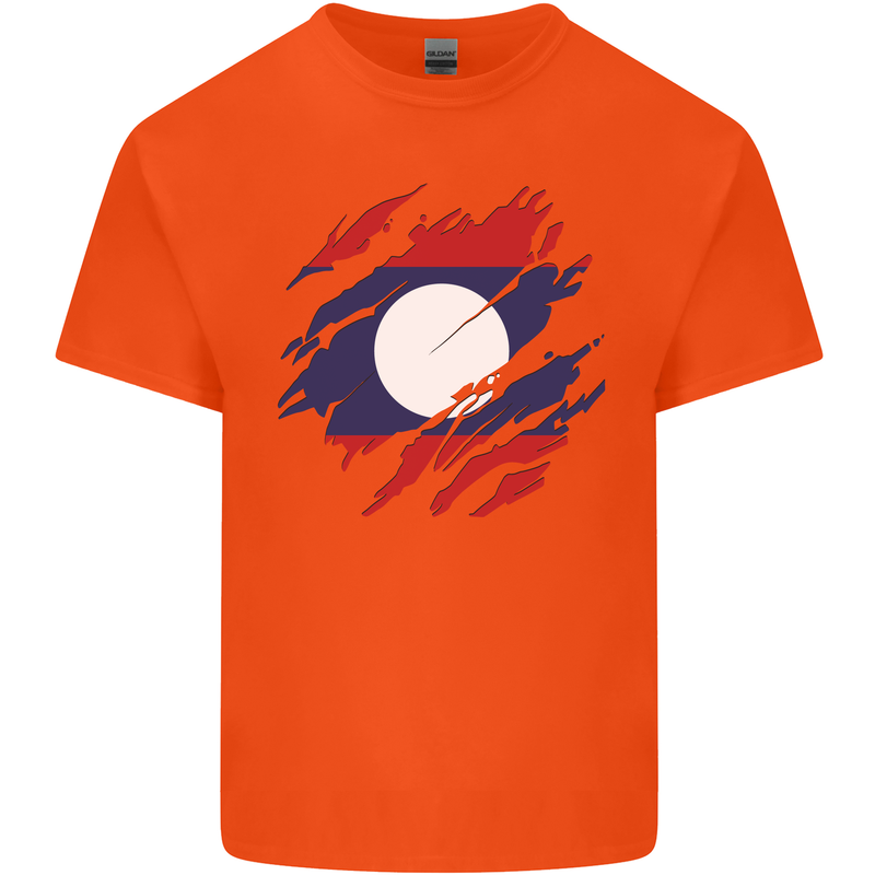 Torn Laos Flag Laotian Day Football Mens Cotton T-Shirt Tee Top Orange