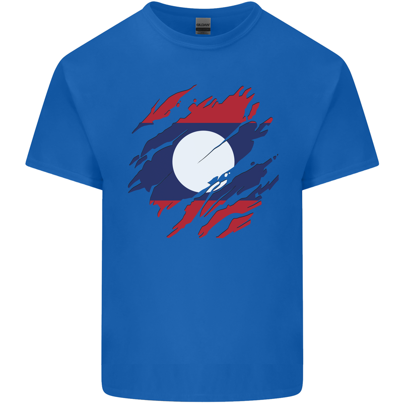 Torn Laos Flag Laotian Day Football Mens Cotton T-Shirt Tee Top Royal Blue