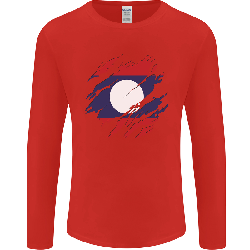 Torn Laos Flag Laotian Day Football Mens Long Sleeve T-Shirt Red