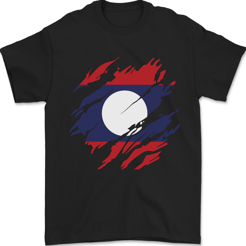 Torn Laos Flag Laotian Day Football Mens T-Shirt 100% Cotton Black