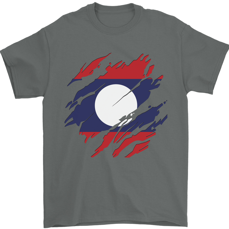 Torn Laos Flag Laotian Day Football Mens T-Shirt 100% Cotton Charcoal