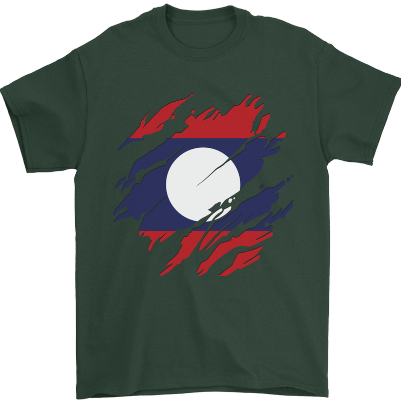Torn Laos Flag Laotian Day Football Mens T-Shirt 100% Cotton Forest Green