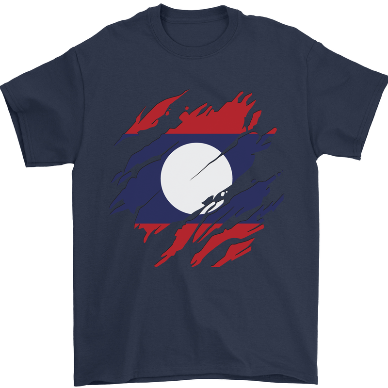 Torn Laos Flag Laotian Day Football Mens T-Shirt 100% Cotton Navy Blue