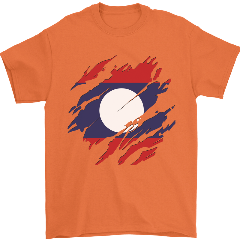 Torn Laos Flag Laotian Day Football Mens T-Shirt 100% Cotton Orange