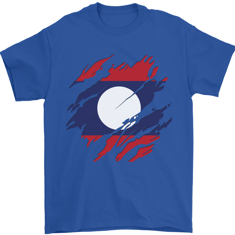Torn Laos Flag Laotian Day Football Mens T-Shirt 100% Cotton Royal Blue