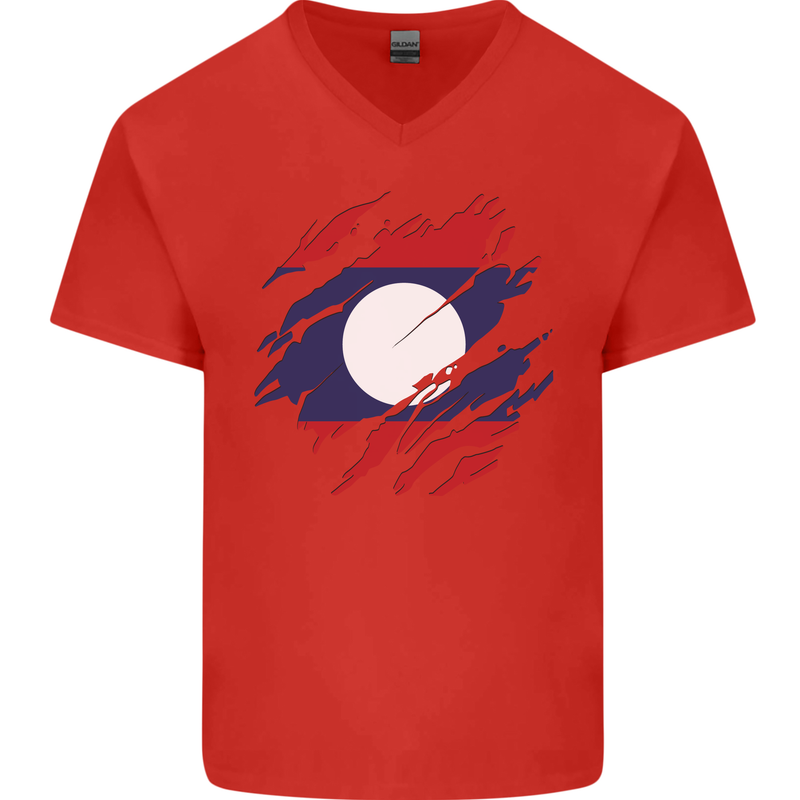 Torn Laos Flag Laotian Day Football Mens V-Neck Cotton T-Shirt Red