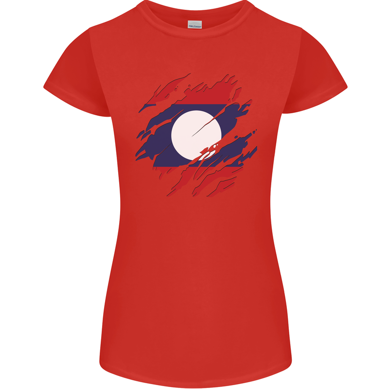 Torn Laos Flag Laotian Day Football Womens Petite Cut T-Shirt Red