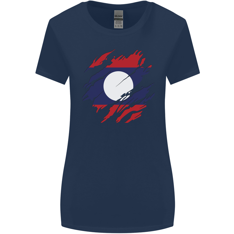 Torn Laos Flag Laotian Day Football Womens Wider Cut T-Shirt Navy Blue