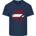 Torn Latvia Flag Latvian Day Football Mens V-Neck Cotton T-Shirt Navy Blue