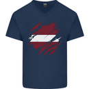Torn Latvia Flag Latvian Day Football Mens V-Neck Cotton T-Shirt Navy Blue