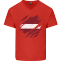 Torn Latvia Flag Latvian Day Football Mens V-Neck Cotton T-Shirt Red