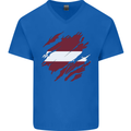 Torn Latvia Flag Latvian Day Football Mens V-Neck Cotton T-Shirt Royal Blue