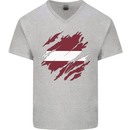 Torn Latvia Flag Latvian Day Football Mens V-Neck Cotton T-Shirt Sports Grey