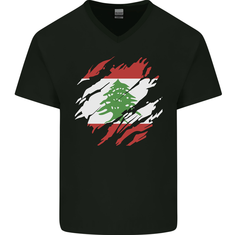 Torn Lebanon Flag Lebanese Day Football Mens V-Neck Cotton T-Shirt Black
