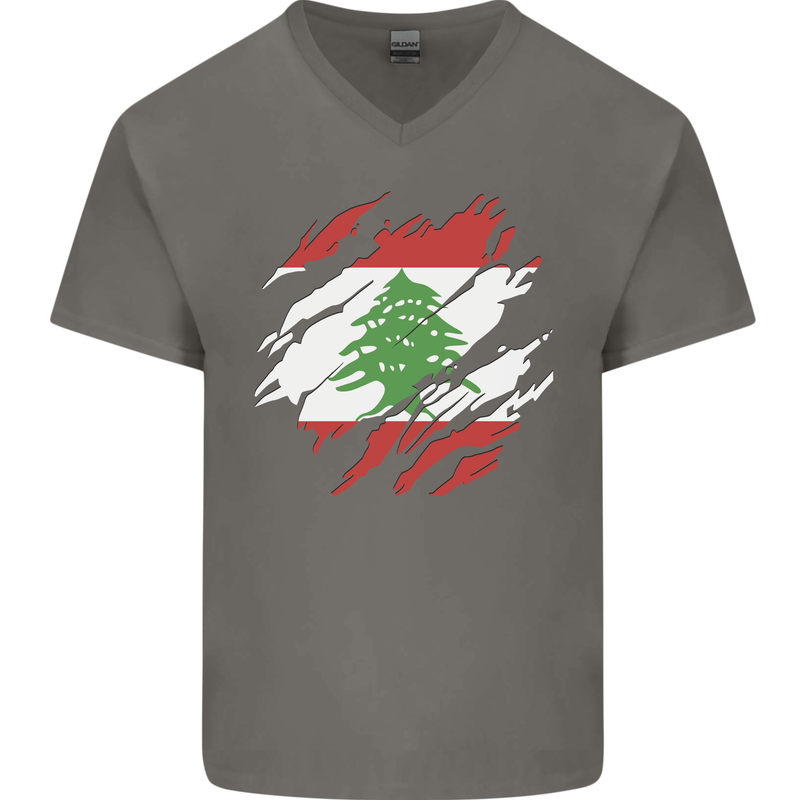 Torn Lebanon Flag Lebanese Day Football Mens V-Neck Cotton T-Shirt Charcoal