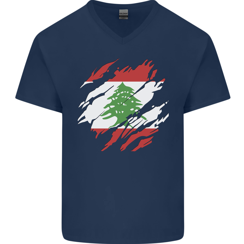 Torn Lebanon Flag Lebanese Day Football Mens V-Neck Cotton T-Shirt Navy Blue