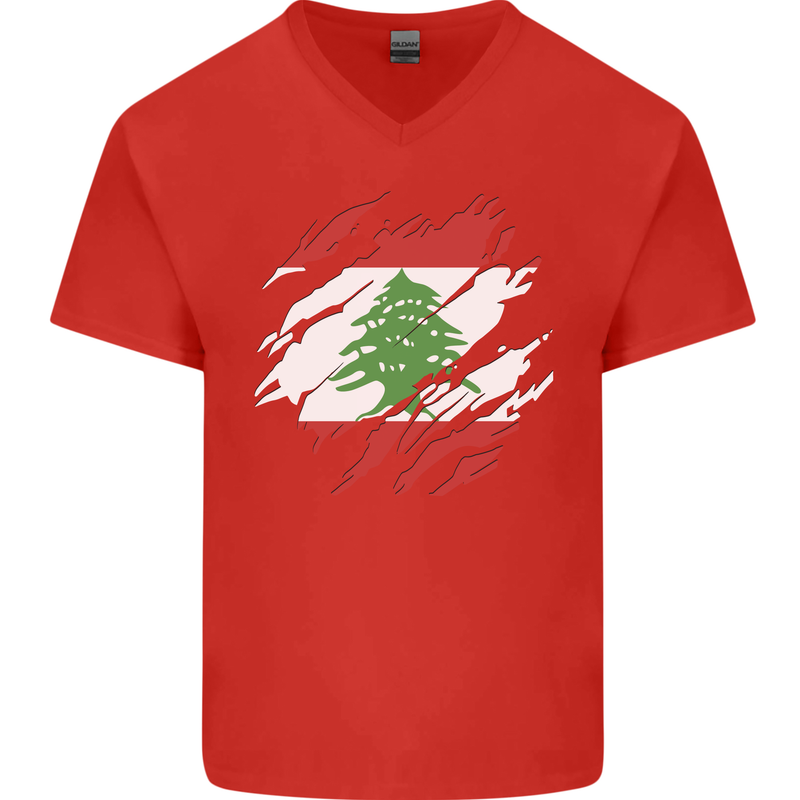 Torn Lebanon Flag Lebanese Day Football Mens V-Neck Cotton T-Shirt Red