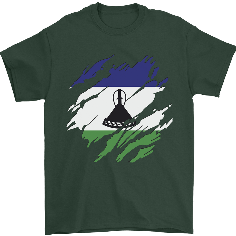 Torn Lesotho Flag Basotho Day Football Mens T-Shirt 100% Cotton Forest Green