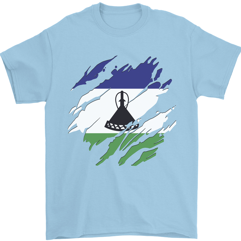Torn Lesotho Flag Basotho Day Football Mens T-Shirt 100% Cotton Light Blue