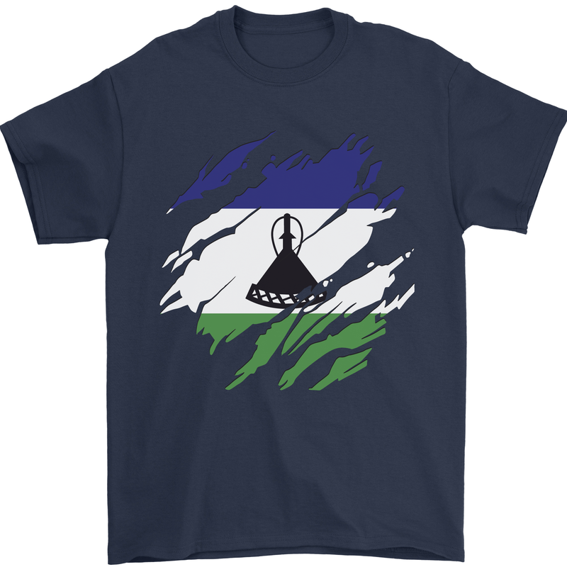 Torn Lesotho Flag Basotho Day Football Mens T-Shirt 100% Cotton Navy Blue