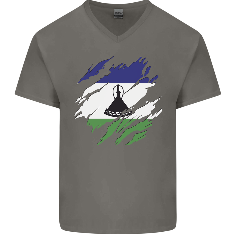 Torn Lesotho Flag Basotho Day Football Mens V-Neck Cotton T-Shirt Charcoal