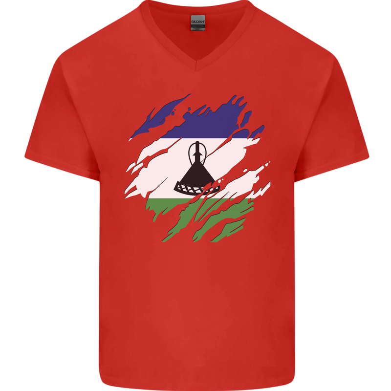 Torn Lesotho Flag Basotho Day Football Mens V-Neck Cotton T-Shirt Red