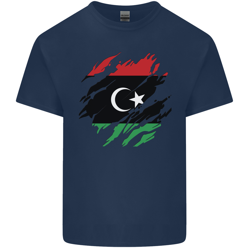 Torn Libya Flag Libyan Day Football Mens Cotton T-Shirt Tee Top Navy Blue