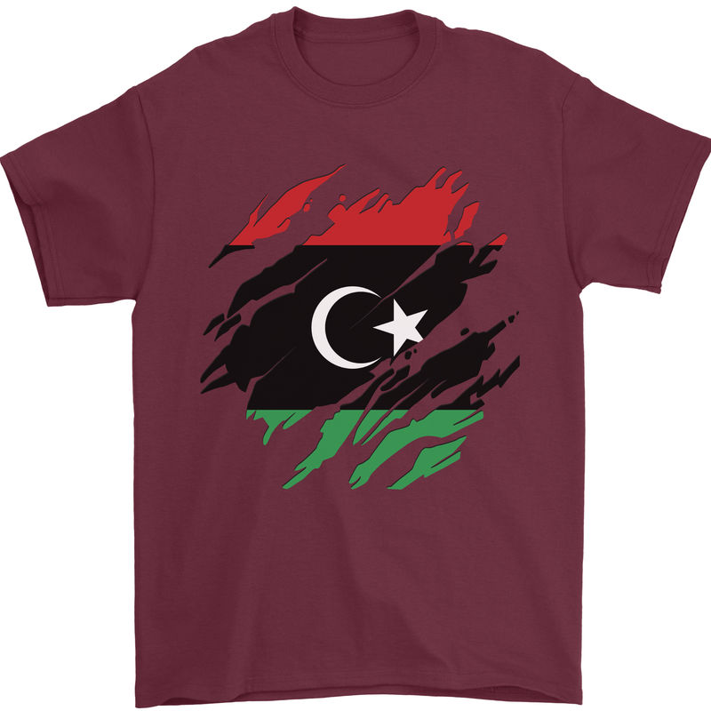 Torn Libya Flag Libyan Day Football Mens T-Shirt 100% Cotton Maroon