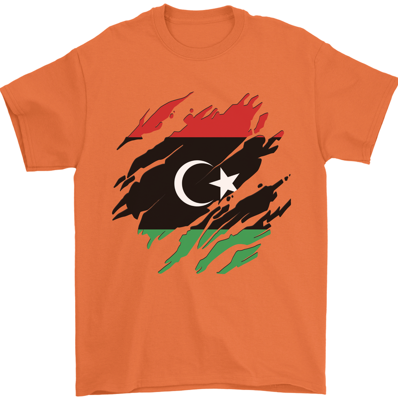 Torn Libya Flag Libyan Day Football Mens T-Shirt 100% Cotton Orange