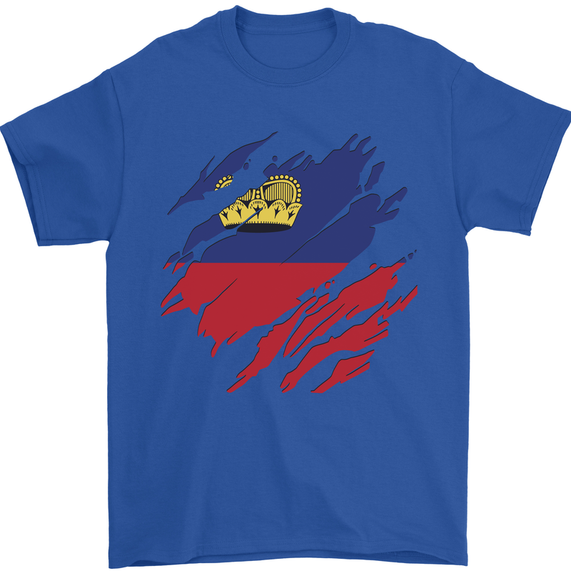 Torn Liechtenstein Flag Liechtensteiner Day Football Mens T-Shirt 100% Cotton Royal Blue