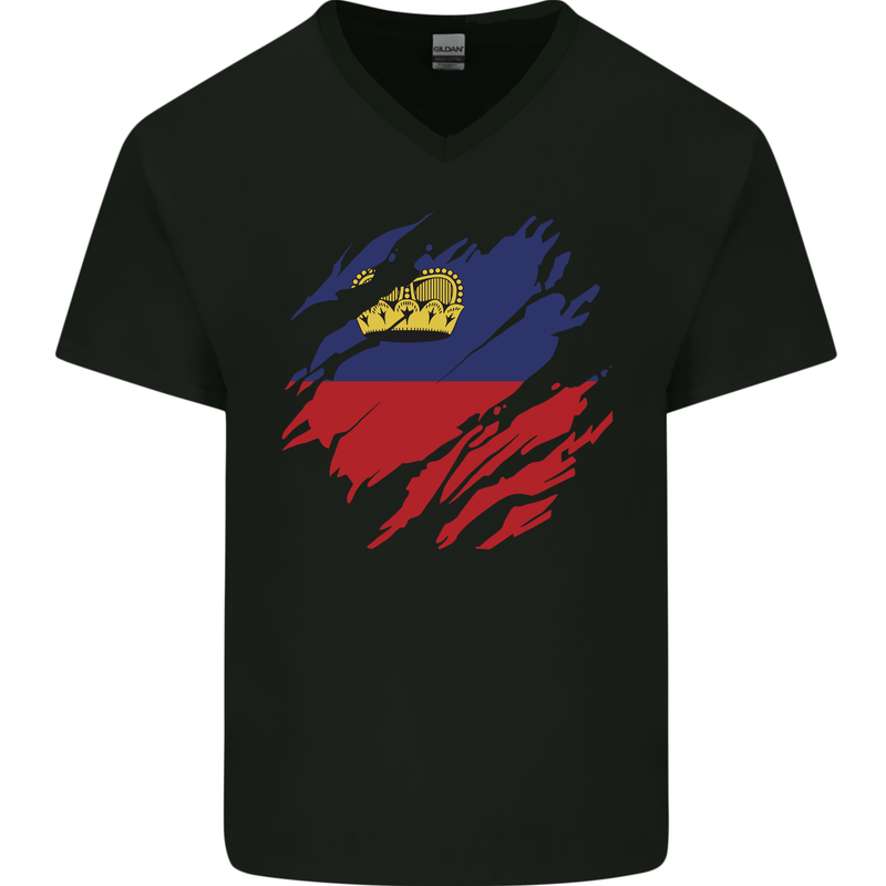 Torn Liechtenstein Flag Liechtensteiner Day Football Mens V-Neck Cotton T-Shirt Black