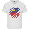 Torn Liechtenstein Flag Liechtensteiner Day Football Mens V-Neck Cotton T-Shirt White