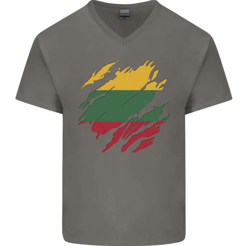 Torn Lithuania Flag Lithuania Day Football Mens V-Neck Cotton T-Shirt Charcoal