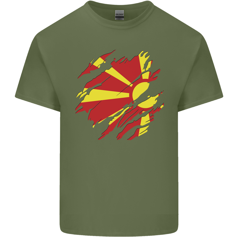 Torn Macedonia Flag Macedonian Day Football Mens Cotton T-Shirt Tee Top Military Green