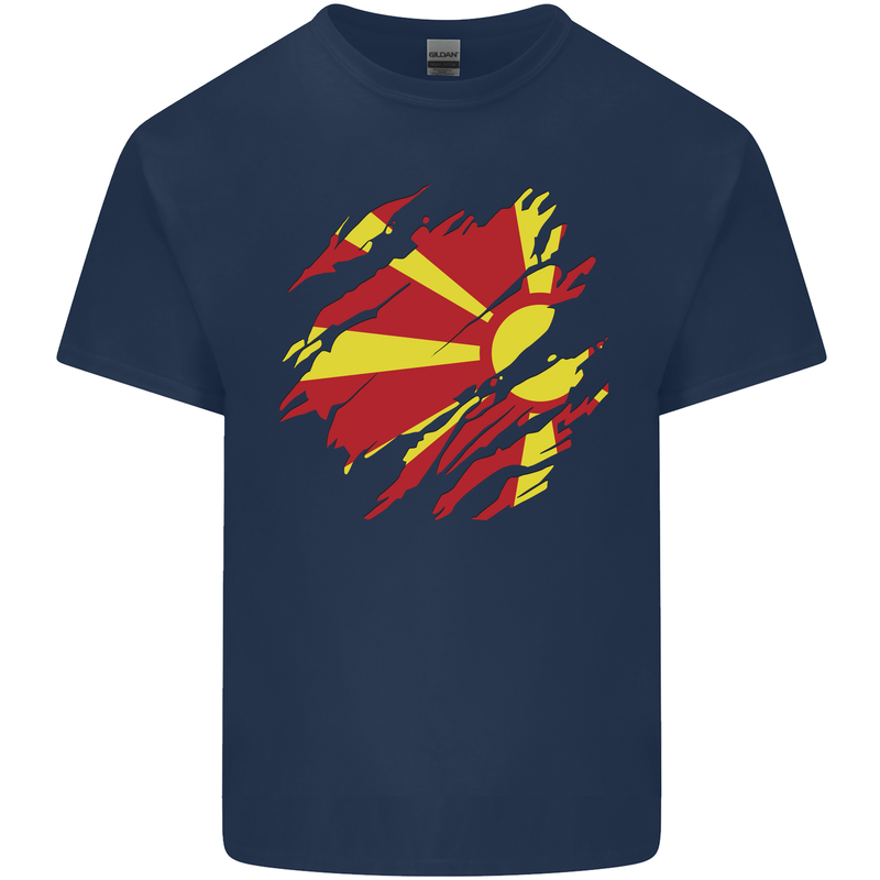 Torn Macedonia Flag Macedonian Day Football Mens Cotton T-Shirt Tee Top Navy Blue