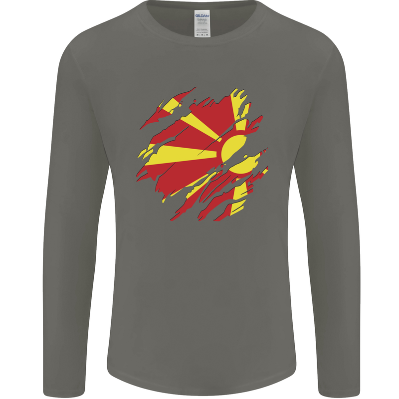 Torn Macedonia Flag Macedonian Day Football Mens Long Sleeve T-Shirt Charcoal