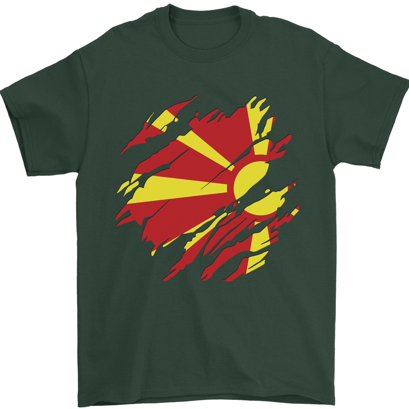 Torn Macedonia Flag Macedonian Day Football Mens T-Shirt 100% Cotton Forest Green